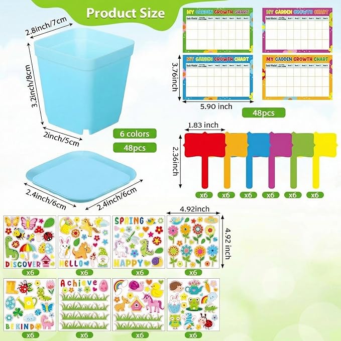 Capoda 48 Sets Garden Flower Pots Crafts Kit DIY Spring Plastic Seedling Nursery Pots with Stickers Plant Labels Growth Charts Planting Growing Tools Classroom Activities Project Gifts (Square)
