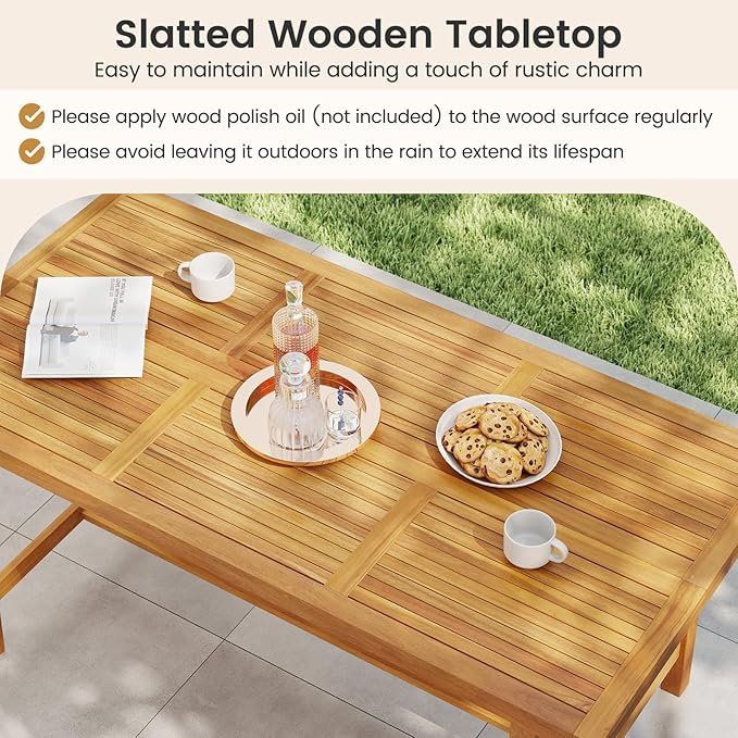 Tangkula 7 Piece Patio Dining Set for 6 People, 63” Outdoor Rectangular Acacia Wood Table with 1.97” Umbrella Hole & 6 Armchairs with Padded Seat Cushions, for Deck Yard and Poolside