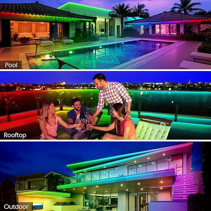 Outdoor LED Strip Lights Waterproof,IP68 Outside Led Light Strips Waterproof with Bluetooth App Remote Control,Music Sync RGB Exterior Led Rope Lights,for Balcony,Deck,Roof,Garden,Pool (200FT Outdoor)