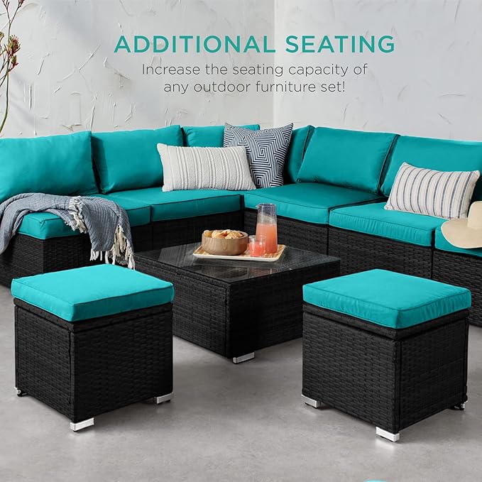 Best Choice Products Set of 2 Wicker Ottomans, Multipurpose Outdoor Furniture for Patio, Backyard, Additional Seating, Footrest, Side Table w/Storage, Removable Cushions - Black/Teal