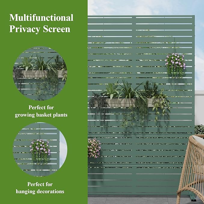 Casaphoria Metal Privacy Screen Outdoor, 72" H x 47" W Freestanding Decorative Privacy Screen for Patio Deck Balcony Garden with Stable Base, Green Louvered