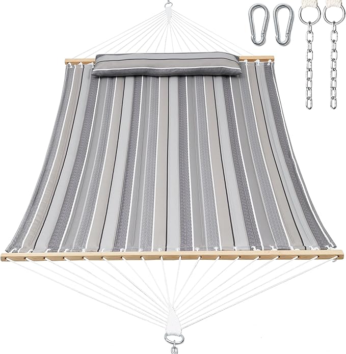 2 Person Hammocks for Outside, Double Quilted Fabric Outdoor Hammock with Spreader Bar, Large Removable Pillow, Storage Pockets, Carabiners, Max 475 lbs Capacity (Peace Dove Grey)