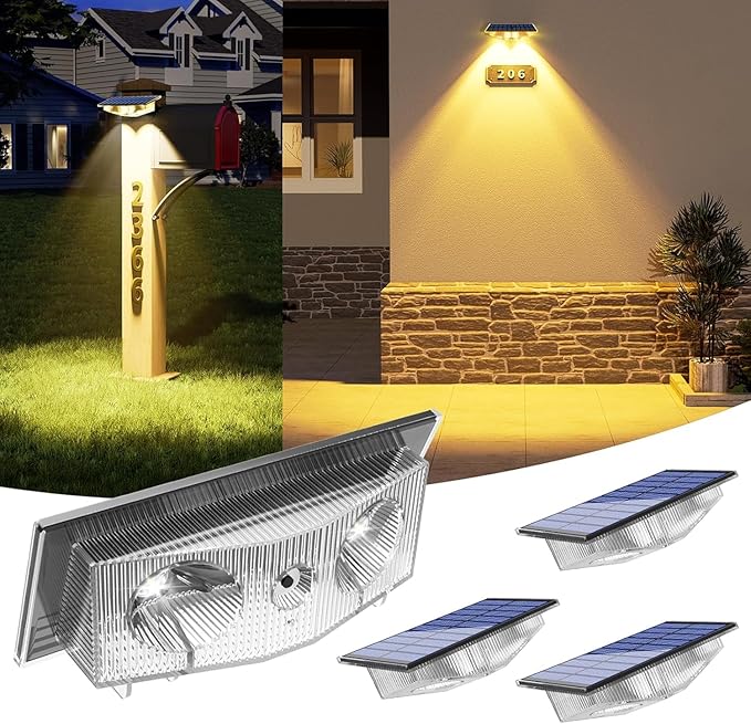 Solar Lights Outdoor for Mailbox, House Numbers, Address, Sign with 6 RGB Colors/Warm White/Cool White, IP65 Waterproof Fence Lights, Solar Powered Dusk to Dawn Wall Light Outside (4 Pack)