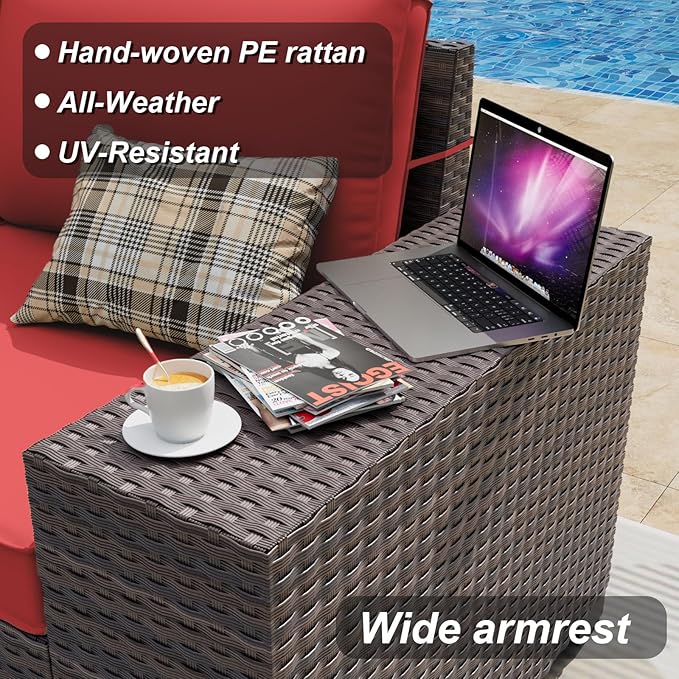 ALAULM 13 Pieces Outdoor Patio Furniture Set with Propane Fire Pit Table Outdoor Sectional Sofa Sets Patio Furniture 43" Gas Fire Pit Brown PE Rattan Patio Conversation Set w/10 Cushions (Rose Red)