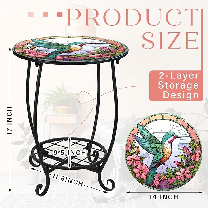 Outdoor Side Table Round Small Mosaic Patio Accent Indoor End Plant Metal Coffee Tea Table for Yard Porch Garden Patio Living Room, Bedroom(Hummingbird Style,14 Inch)