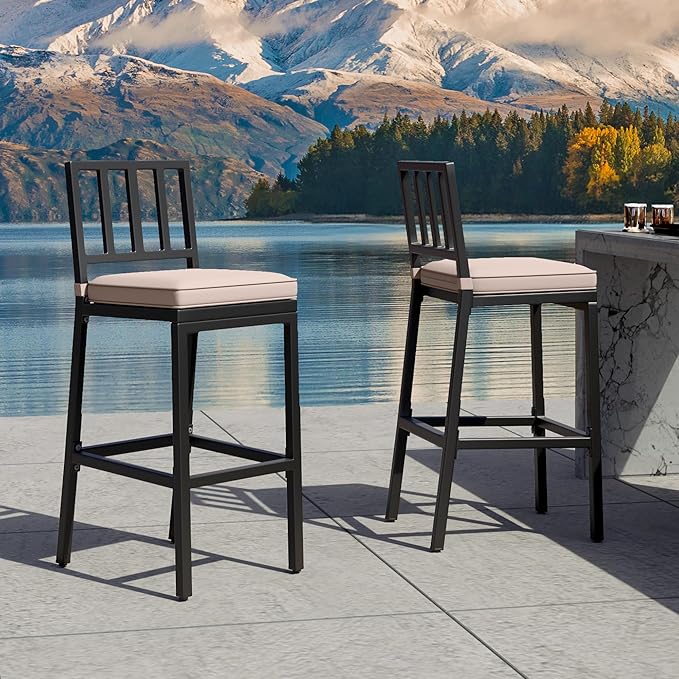 YITAHOME Outdoor Bar Stools Set of 2, Cushioned Metal Outdoor Bar Stools w/Vertical Stripe Back, All-Weather Patio Bar Stools for Balcony Backyard Porch Poolside