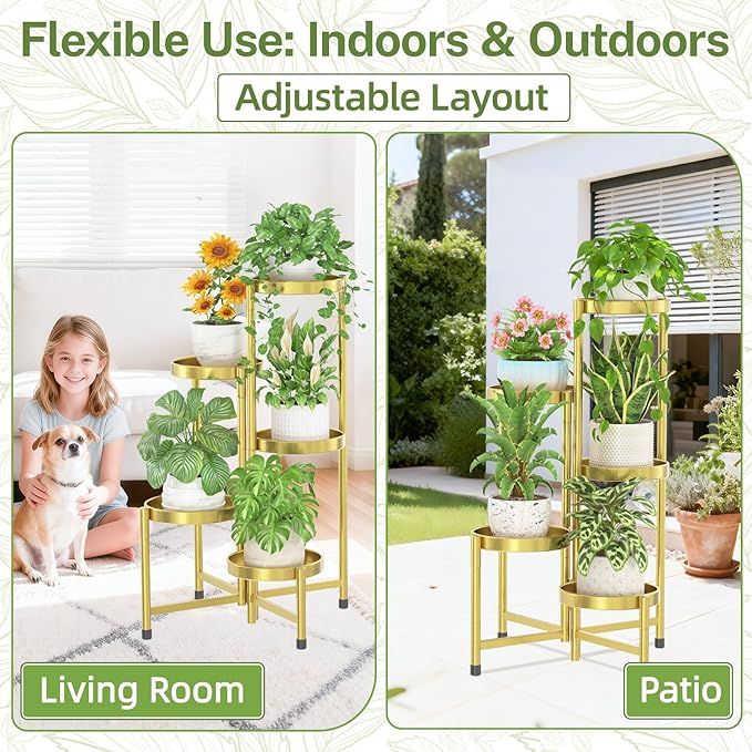 iDavosic.ly Plant Stand Indoor Outdoor, 5 Tier Corner Metal Flower Display Holder Shelf, Easy Assembly Folding Tall Orchid Rack for Patio Balcony Porch Garden Living Room House, Gold