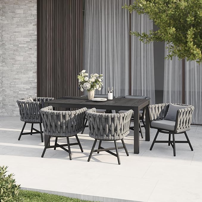 Grand patio 7-Piece Outdoor Dining Set for 6, Patio Dining Furniture Set for 6 Swivel Rope Wicker Chairs & 1 Straight Legs Rectangular Dining Faux Woodgrain Table with Umbrella Hole, Dark Gray