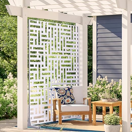 VEVOR Metal Privacy Screen, 47" W x 76" H Outdoor Privacy Screens 3-Panel, Freestanding Outdoor Divider with Stand, Decorative Garden Steel Privacy Fence for Balcony Patio Indoor Room Hot Tub White