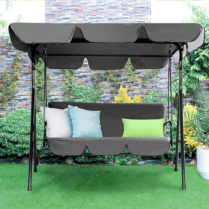 AECOJOY 3-Seat Outdoor Clearance Porch Swings for Adults, Outdoor Patio Swing with Adjustable Canopy & Removable Cushion for Backyard, Garden, Balcony, Grey