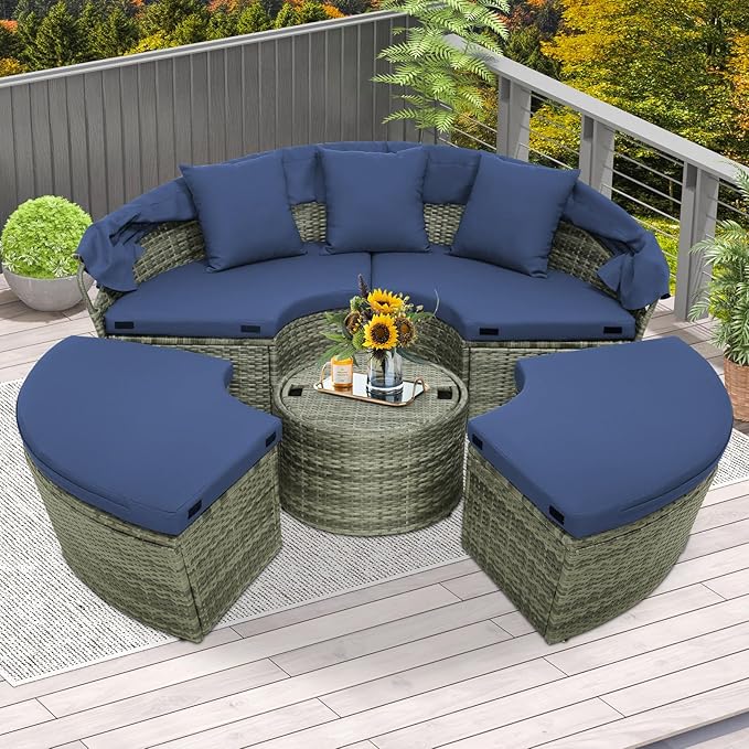 Tangkula Outdoor Round Daybed with Retractable Canopy, PE Wicker Sectional Seating Furniture with Cushions and Throw Pillows, Separates Cushioned Seats for Backyard, Poolside (Navy)