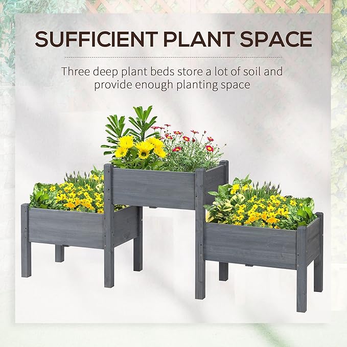 Outsunny Raised Garden Bed with 3 Planter Box, Elevated Wooden Plant Stand with Drainage Holes, for Vegetables, Herb and Flowers, Gray