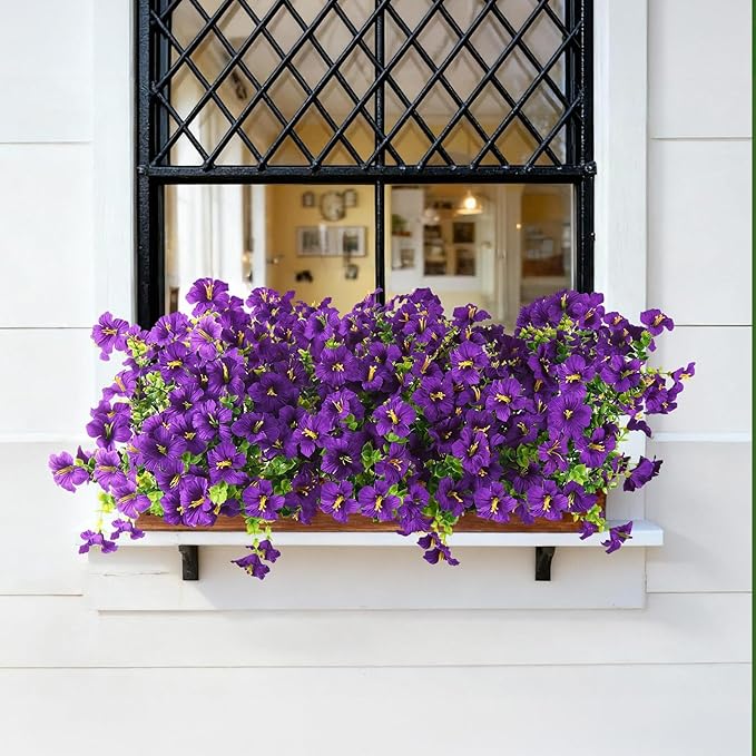 INQCMY Artificial Fake Petunias Flowers for Outdoors Spring Decoration, 12 Bundles Faux Flower Plants UV Resistant Purple Realistic Silk Flower for Outside Planters Patio Porch Yard Window Box