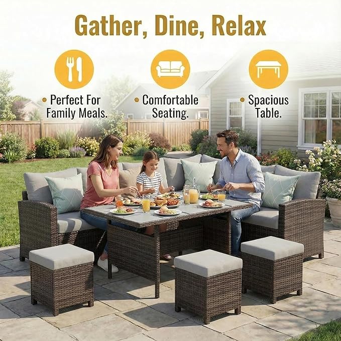 Wisteria Lane 7 Piece Patio Furniture Set, Wicker Patio Sectional with Wide Armrest, All Weather Outdoor Dining Set, Outdoor Furniture Patio Conversation Set with Ottoman, Grey