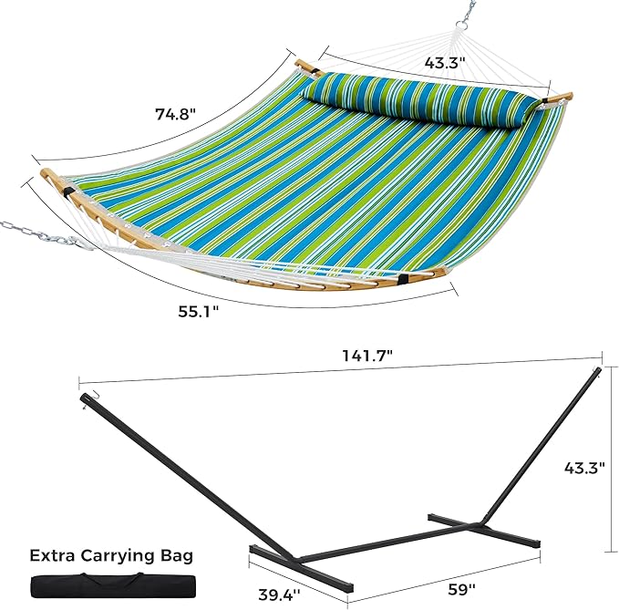 SUPERJARE Curved-Bar Hammock with Stand, 2 Person Heavy Duty Hammock Frame, Detachable Pillow & Portable Carrying Bag, Perfect for Outdoor & Indoor, Thin Blue and Green Stripes