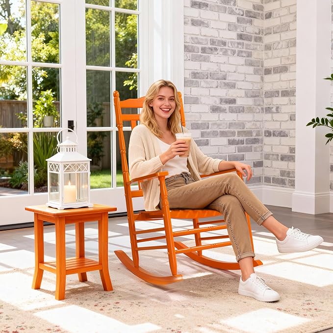 VINGLI Wooden Rocking Chair, Outdoor Chair with 450 lbs Support, Relaxing Rocker with Solid Wood High Back Seat Reclining Seat for Deck, Garden, Backyard, Porch, Indoor or Outdoor Use (Orange, 1PC)