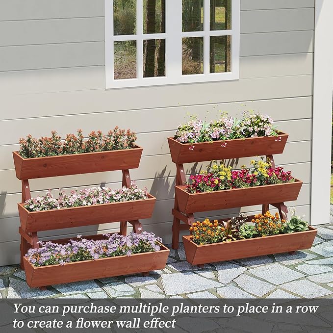 3-Tiers Wooden Raised Garden Bed,Wood Planter Box for Vegetable,Flower Rack,Flower Pot Stands,Indoor Outdoor Gardening Planting Beds (Brick red, Large)