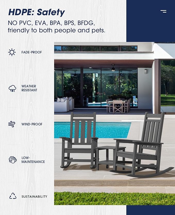 KINGYES Oversized Outdoor Rocking Chair Set of 6, All-Weather Patio Rocking Chairs for Porch, HDPE Outdoor Patio Rockers with High Back & Wide Seat for Garden, Lawn, Gray