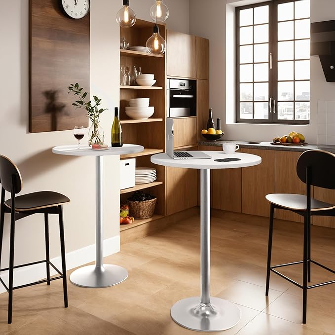 Furmax Bistro Pub Table Round Bar Height Cocktail Table for Home Bar, Small Round Bar Tables for Party, Dining Room, Living Room and Wedding, Metal Base MDF Top Obsidian, 40.6 Inch Height (2, White-2)