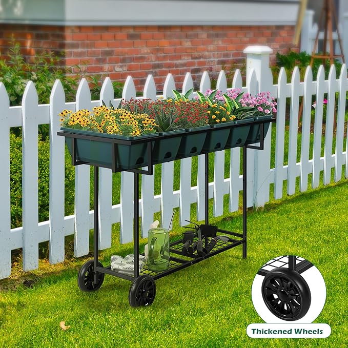 YBING Elevated Raised Garden Bed with Legs Outdoor Mobile Herb Garden Planter with Storage Shelf 6 Pocket Patio Raised Planter Boxes on Wheels Elevated Flower Bed 42x17x30in Green