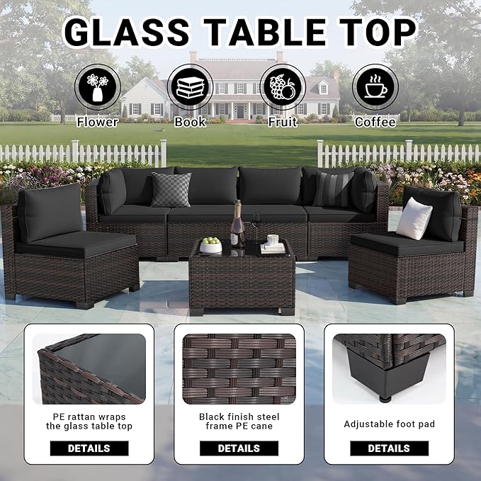 LEVELEVE 7 Pieces Outdoor Patio Furniture Sets,Rattan Conversation Sectional Set,Manual Weaving Wicker Patio Sofa with Tea Table(Black 7pcs)