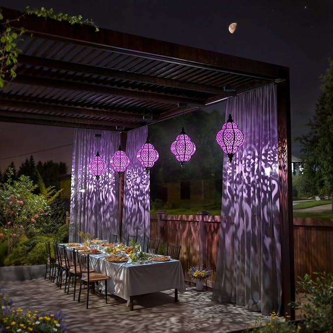 Hanging Solar Lights Outdoor Garden Decor Solar Lantern Waterproof Plastic Moroccan Outdoor Decorations for Patio Pathway Yard Backyard Garden Decorative (1, Purple)