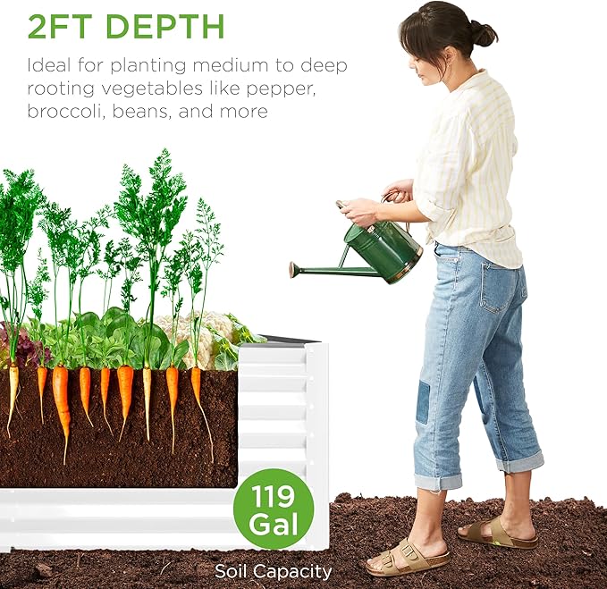 Best Choice Products 4x2x2ft Outdoor Metal Raised Garden Bed, Deep Root Box Planter for Vegetables, Flowers, Herbs, 119 Gallon Capacity, 100% Non Toxic Materials - White