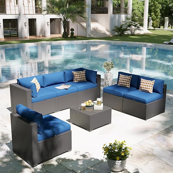 Aoxun Patio Furniture Set, 7 Piece Outdoor Sectional Sofas with Waterproof Cover, Wicker Rattan Outdoor Furniture Patio Conversation Set for Backyard, Garden Navy Blue