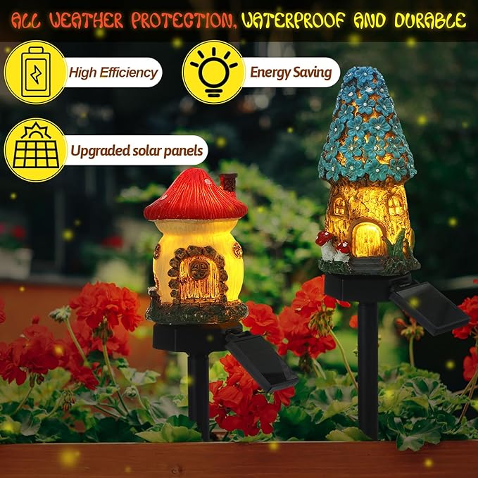2 Pack Fairy Outdoor Garden Fairy House Mushroom Solar Light Home Statue LED Light for Spring Outside Garden Lawn Walkway Patio Yard Backyard Plant Decoration
