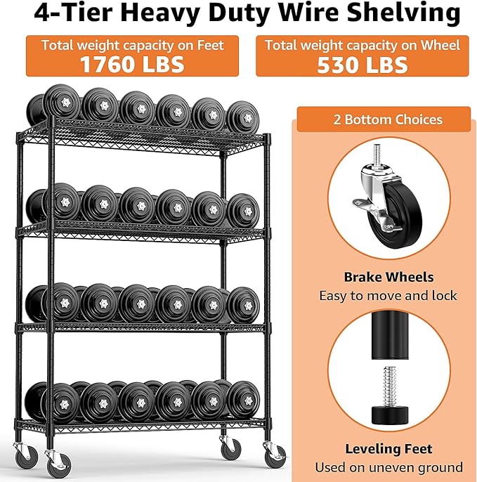 53" W Storage Shelves 1760LBS 4 Tier Metal Shelving Unit with Wheels Heavy Duty Garage Shelving Adjustable Wire Shelves for Pantry,Kitchen,Garage,Basement,Black 23.6" D x 53.2" W x 73.6" H