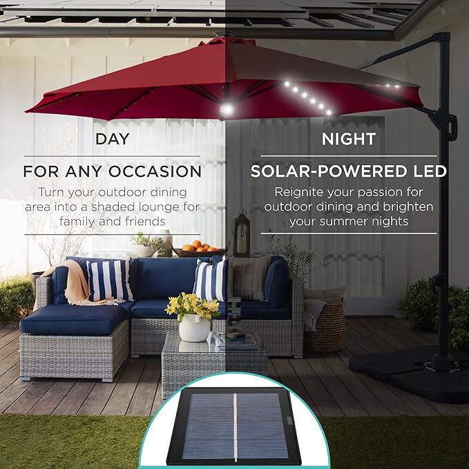 Best Choice Products 10ft Solar LED Cantilever Patio Umbrella, 360-Degree Rotation Hanging Offset Market Outdoor Sun Shade for Backyard, Deck, Poolside w/Lights, Easy Tilt, Cross Base