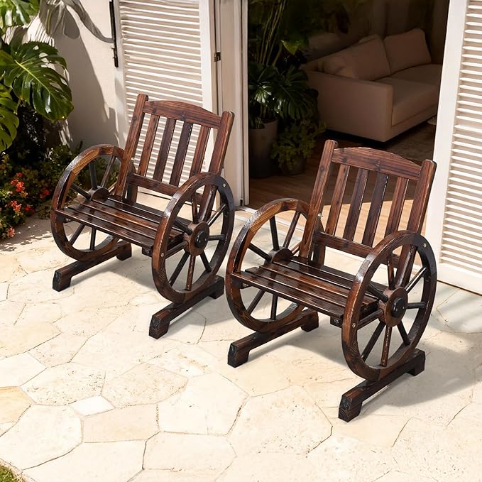 VINGLI Rustic Wooden Patio Chair with Wagon Wheel Armrests, Outdoor Dining Chairs Solid Wood Frame Seating for Farmhouse Garden Porch Lawn Balcony (Rustic, Chair)