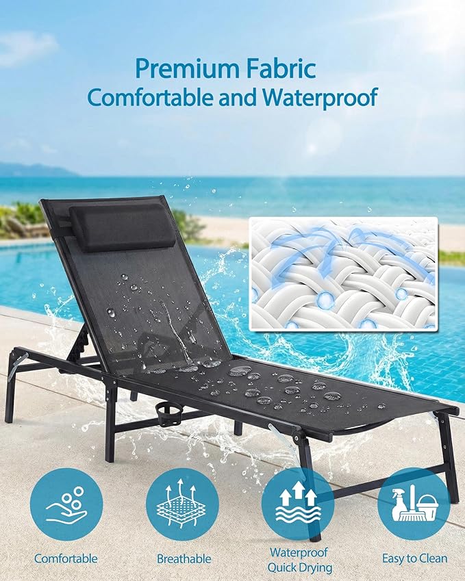 2 Pack Foldable Chaise Lounge Chair with Cup Holder, Assemble-Free Outdoor Lounge Chair with Detachable Pillow and 6 Adjustable Backrest, Patio Lounge Chair for Outside Poolside Beach Pool, Black