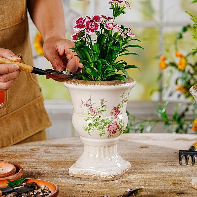 Sungmor Small Ceramic Urn Planter - Pink Scroll Floral Pedestal Flower Pot, Decorative Vintage Chinoiserie Style Planters, Tuscan Accent Vase Indoor Outdoor Plant Holder with Drainage