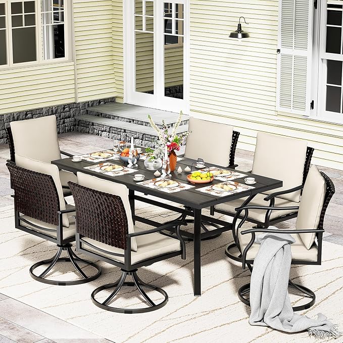 LEVELEVE 7 Piece Outdoor Patio Dining Set with 6 Swivel Dining Chairs & 1 Large Round Dining Table,Bistro Furniture Set for Lawn, Garden, Deck, Backyard and Porch