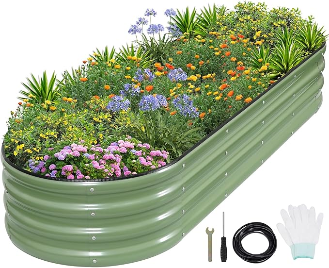 1MORE Galvanized Raised Garden Bed- Planter Garden Boxes Outdoor, Raised Beds for Gardening, 6x2x1ft Metal Garden Bed Kit for Vegetables Flower, Planter Raised Beds with Tools.Green