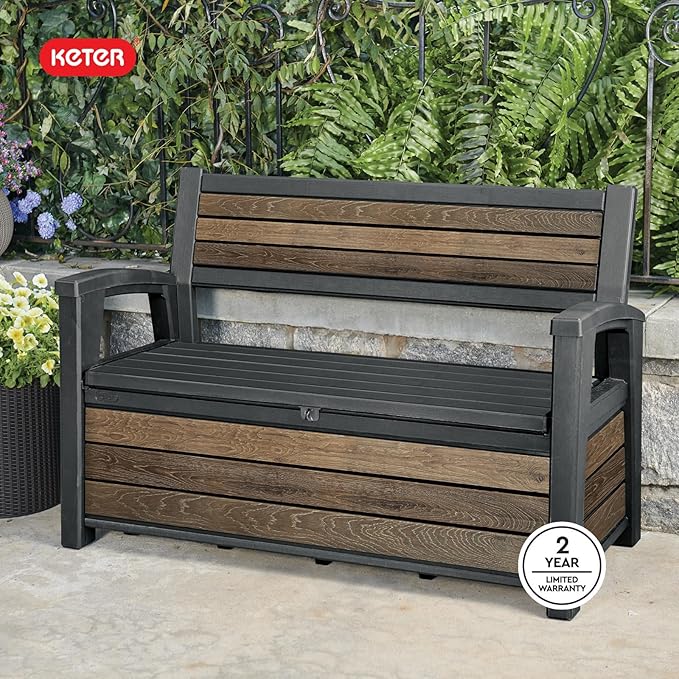 Keter Signature 60 Gallon Storage Bench Deck Box for Patio Furniture, Front Porch Decor and Outdoor Seating – Perfect to Store Garden Tools, Walnut