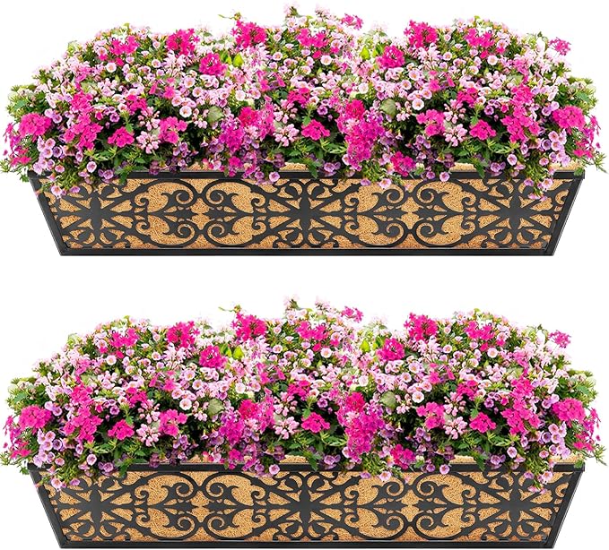 2 Pack 30 Inch Window Boxes Planters Railing Planter Box with Adjustable Brackets & Coco Liners Fabric Plant Grow Bags Deck Railing Planter Boxes Balcony Hanging Flower Box for Outdoor Plants