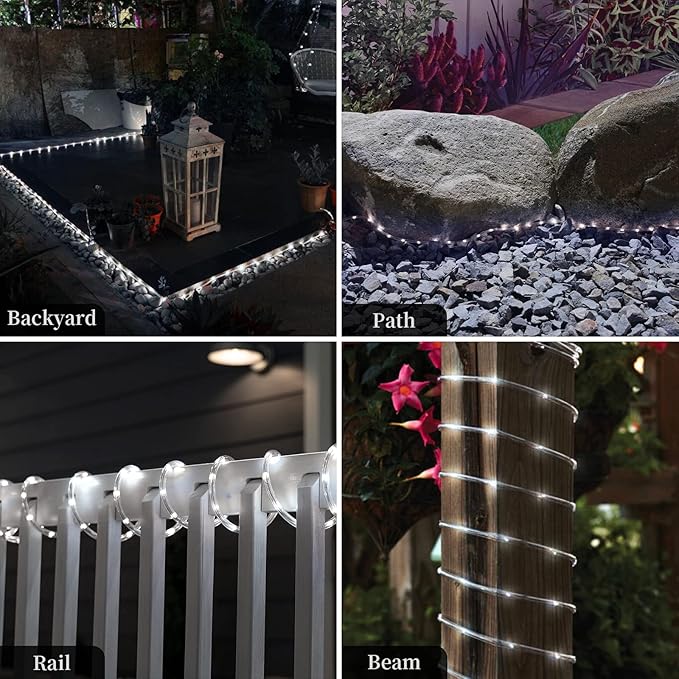 ANJAYLIA Solar Outdoor Rope Lights, 66FT 200 LED Solar Powered Rope Lights Outdoor, 8 Modes Timer Remote String Light Rope Solar Lights Outdoor Waterproof for Garden Decor, White