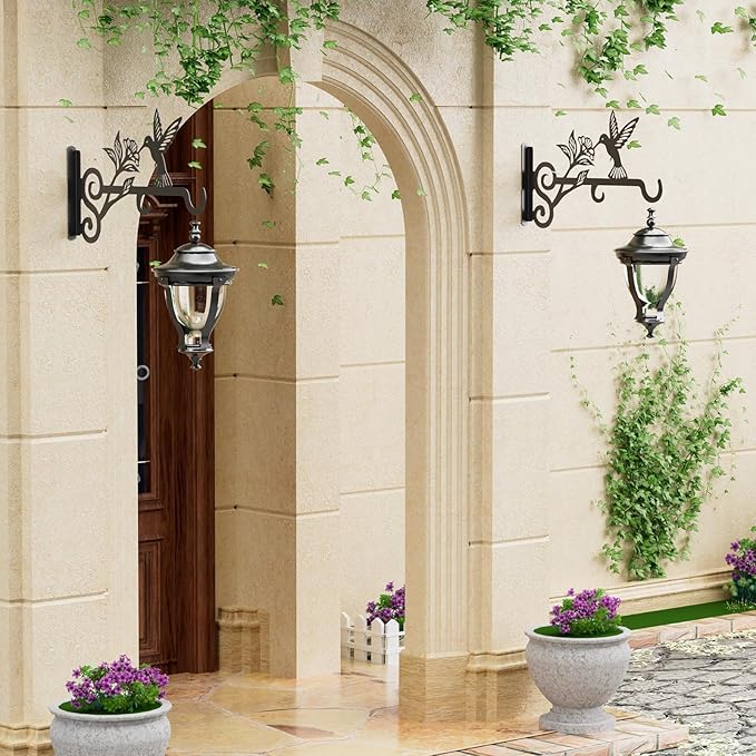 2-Pack Aesthetic Plant Hangers Outdoor – 10 Inch Metal Hanging Plant Bracket with Beautiful Hummingbird Pattern – Anti Rust Plant Hooks for Hanging Plants, Bird Feeder, Windchime, Lantern