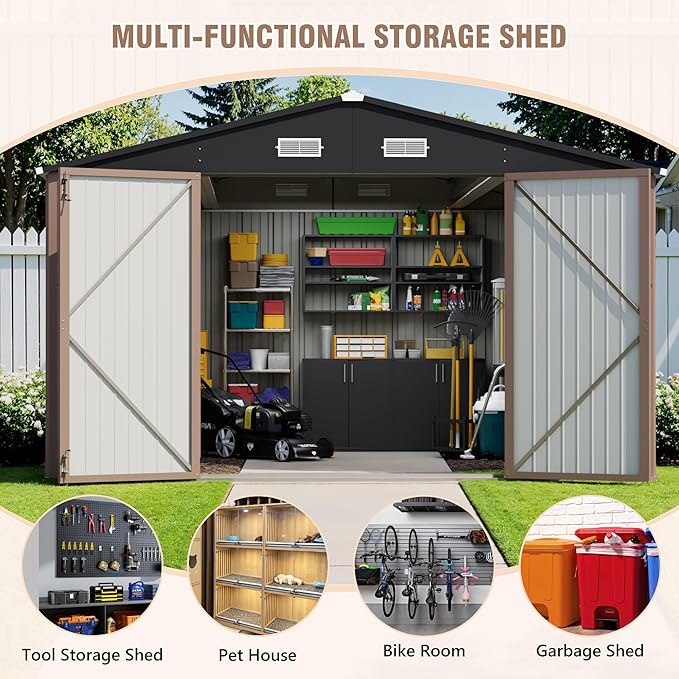 Greesum 10×14 FT Outdoor Storage Shed, Metal Storaged Sheds Without Floor, Tool Sheds with Lockable Doors and Sloping Roof for Garden, Patio, Brown