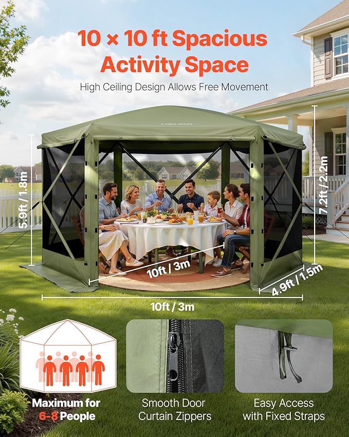 VEVOR Pop up Gazebo Screen Tent, 10 x 10 ft Large 6-Sided Camping Canopy Tent with Removable Top & Carry Bag, Quick-Set & Bite-Proof, Screen House Sun Shelter for 6-8 Persons Backyard Patio, Green