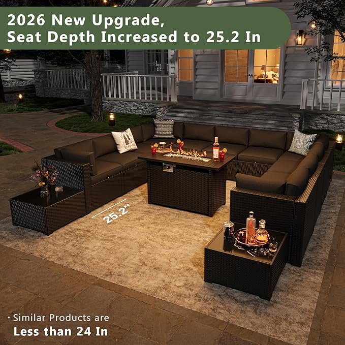 Aoxun 15 Piece Patio Furniture Set with 44” Fire Pit Table Wicker Rattan Patio Sectional Sofa Set Outdoor Seating Furniture with Thickened Cushion, Black