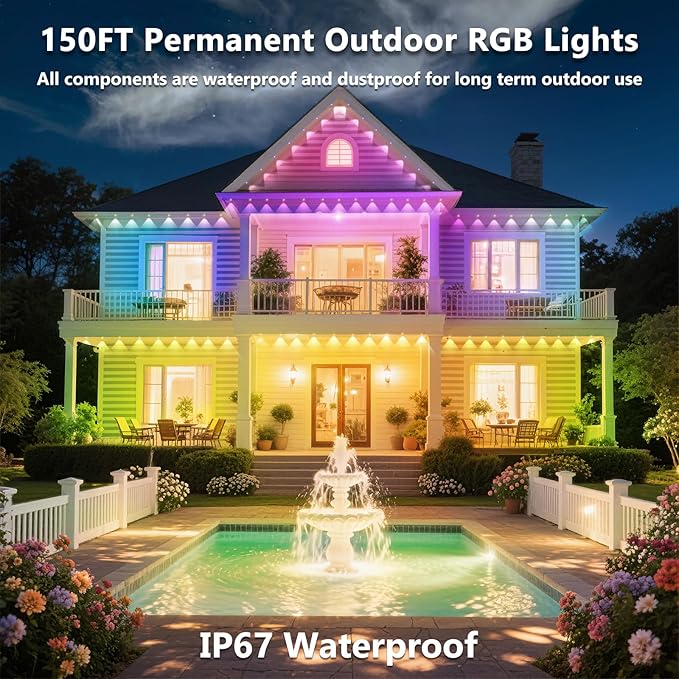 150FT Permanent Outdoor RGB Lights, IP67 Waterproof Smart Eave Lighting, with App/Remote Control Eaves Light, DIY LED Scenes Modes for House Roof Decor,Christmas,Party