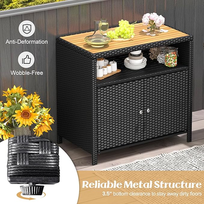 Tangkula Rattan Outdoor Storage Cabinet, Patiojoy Outdoor Cabinet with Acacia Wood Countertop, Open Compartment, 2-Door Wicker Sideboard, Outdoor Bar for Patio Garden Backyard Poolside (Black)