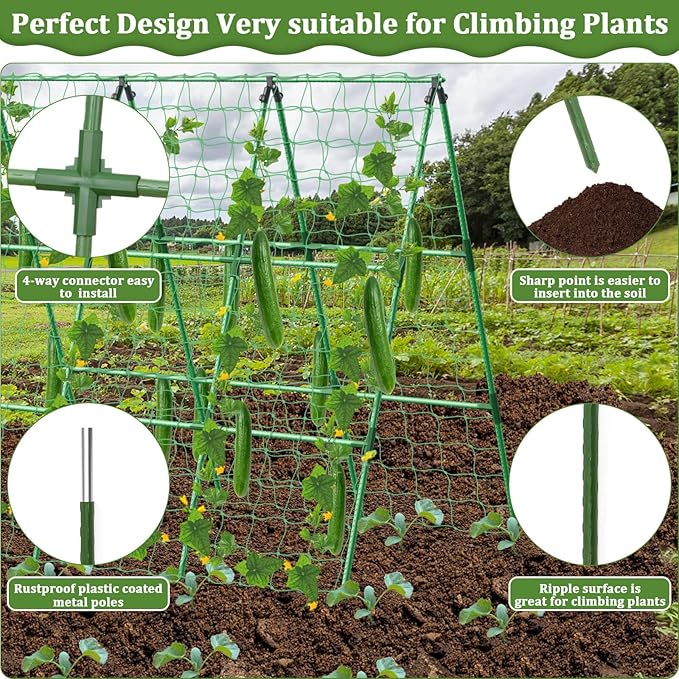 Cucumber Trellis for Raised Bed, 50x 54 inch A-Frame Garden Trellis for Climbing Plants Outdoor, Metal Arch Trellis with Netting, Vegetables Trellis for Grape Pea Bean