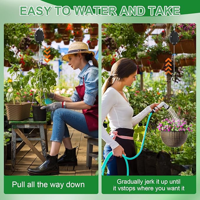1 Pack Heavy Duty Retractable Plant Hangers, Adjustable Pull-Down Pulleys with 63" Stainless Steel Rope, Double Hooks for Hanging Plants, Bird Feeders, Planters & Pots, Indoor & Outdoor Use