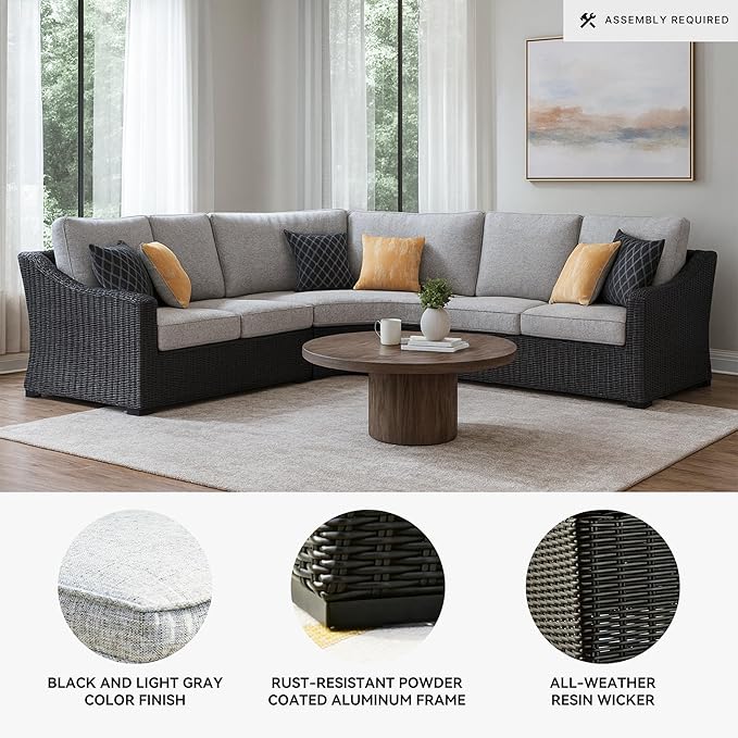 Signature Design by Ashley Beachcroft Curved Modern 3-Piece Outdoor Sectional with Cushion and 6 Throw Pillows, Light Gray