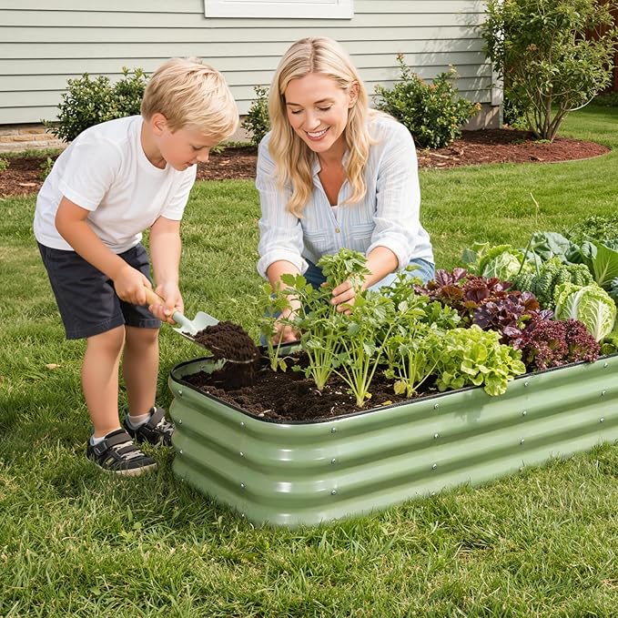 1MORE Raised Garden Bed -8X2X1 Galvanized Planter Box for Outdoor Gardening,5 in 1 Modular Raised Bed Kit with Protective Tape, Gloves for Herb,Ideal for Vegetables and Plants.Green-2pack