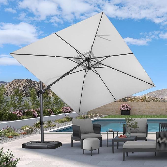 PURPLE LEAF 9' X 12' Right-left Tilt Patio Umbrella with Base Outdoor Cantilever Swivel Rectangle Umbrella Aluminum Offset Umbrella with 360-degree Rotation for Garden Deck Pool Patio White